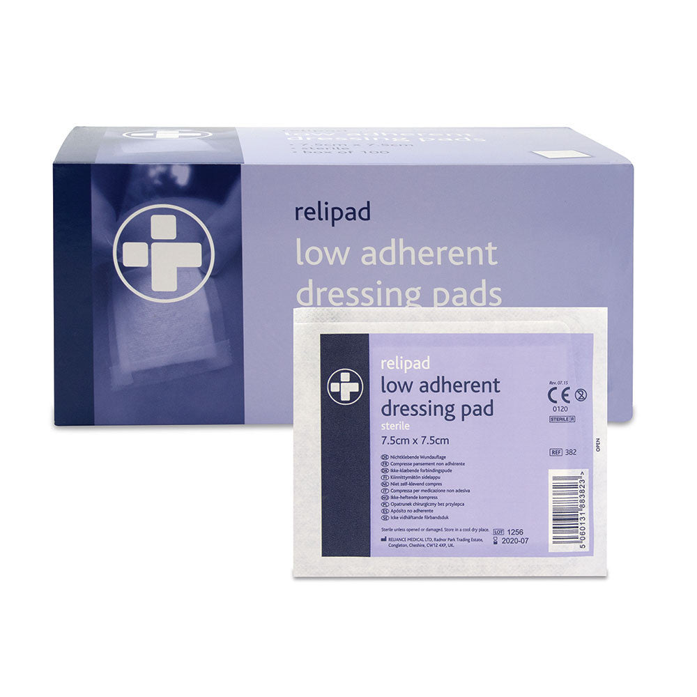 Relipad Low-Adherent Dressing Pads 7.5cm x 7.5cm, Box of 100