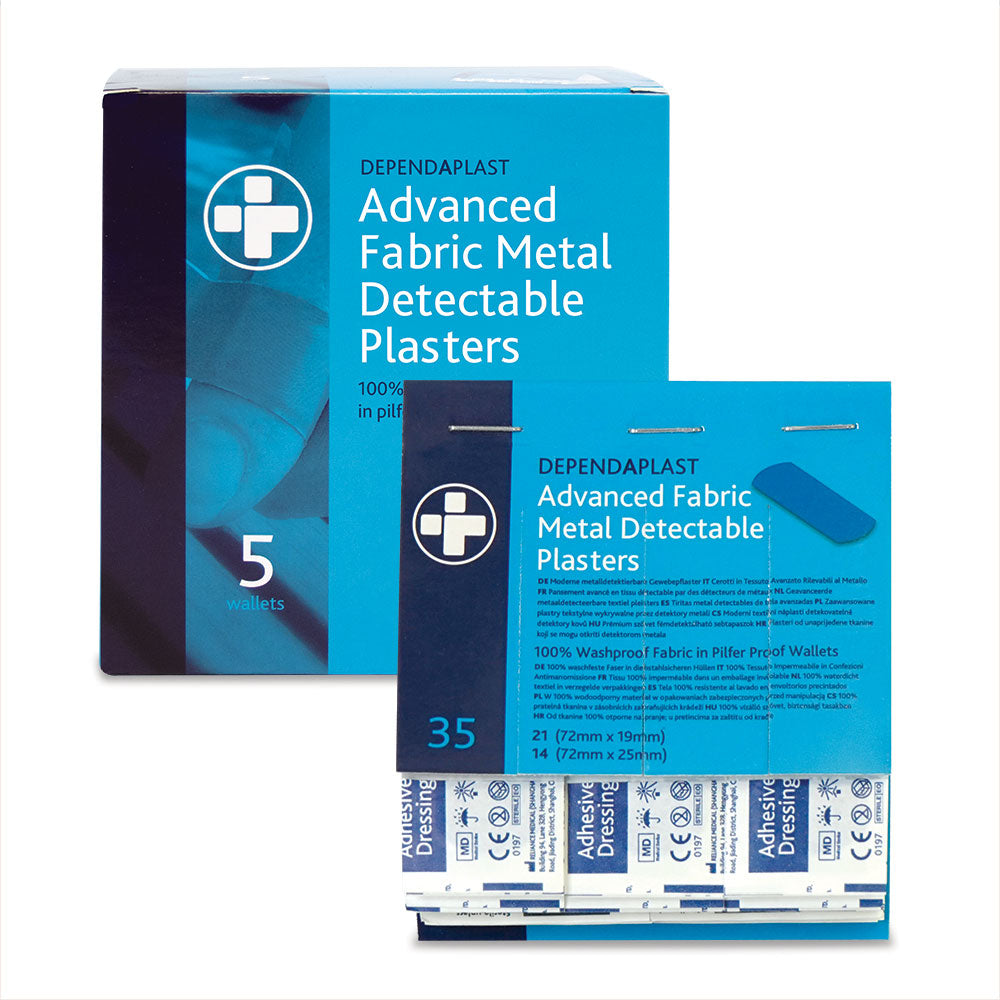 Dependaplast – Advanced Metal Detactable 100% Washproof Fabric Plasters Assorted Blue Pilfer Proof Wallet of 35 - BOX OF 5 Wallets